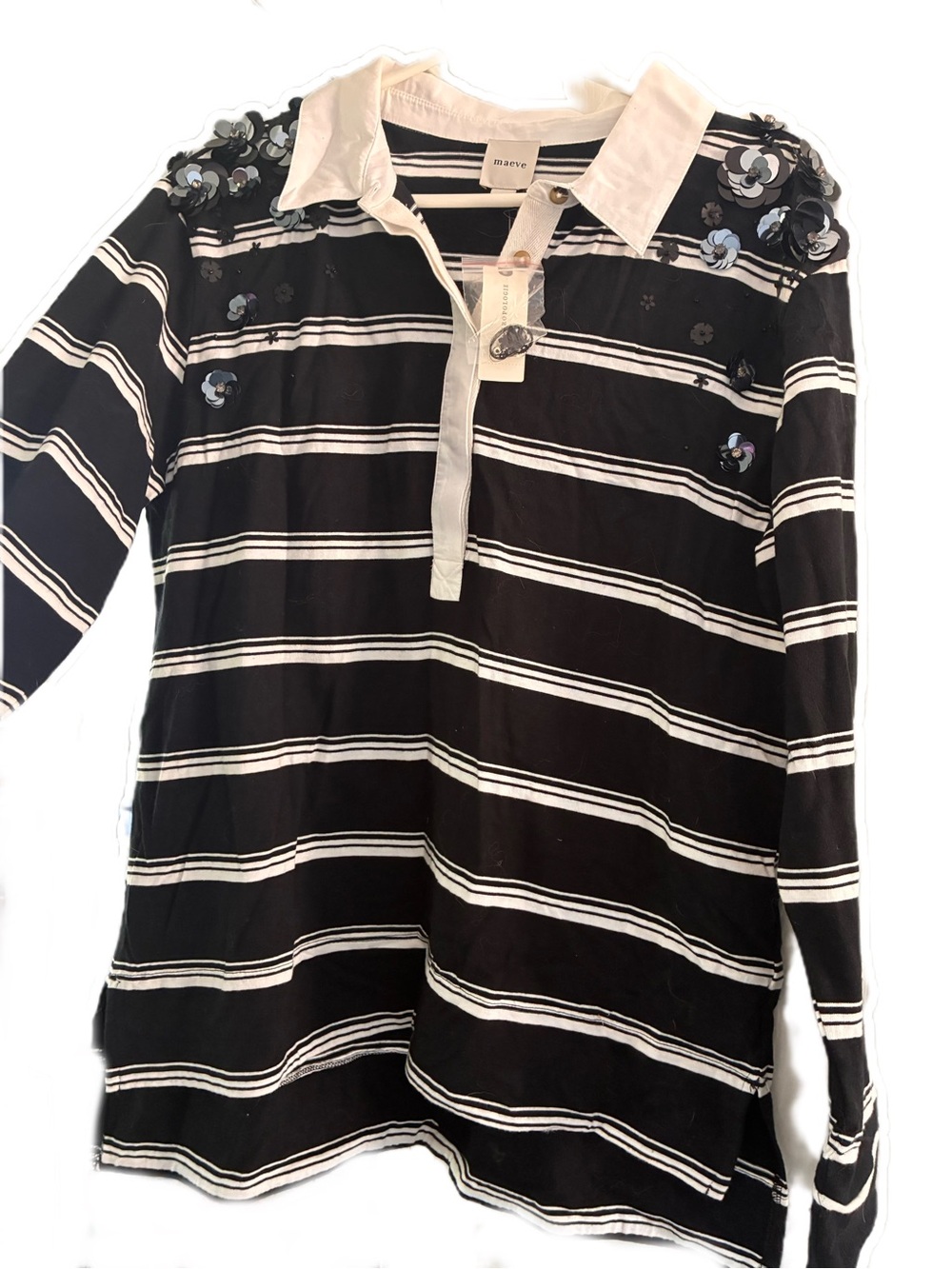 NWT Anthropologie Maeve Embellished Rugby Polo Top. Black and White Stripes